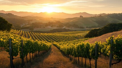 Naklejka premium Golden Hour Vineyard Sunset Landscape Scenic View