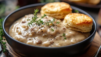 Bowl of creamy soup with biscuits and herbs