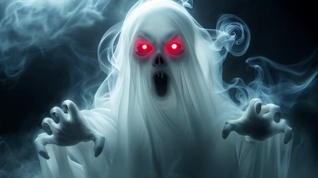 scary Halloween zombie, smoke ghost with red eyes