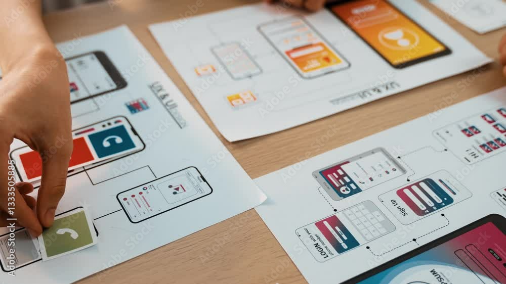 Poster panorama video of startup company employee planning on user interface prototype for mobile applicati