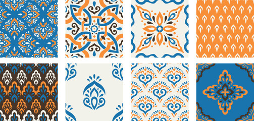 Collection of Moroccan style seamless pattern. Creative mediterranean interior design. Ethnic ornament swatch set. Azulejos tiles vector illustration. Modern Spanish talavera.