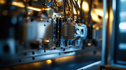 Fototapeta premium Macro view of control cabinet components, highlighting organized wiring and metallic surfaces, with a focus on intricate details under soft light.