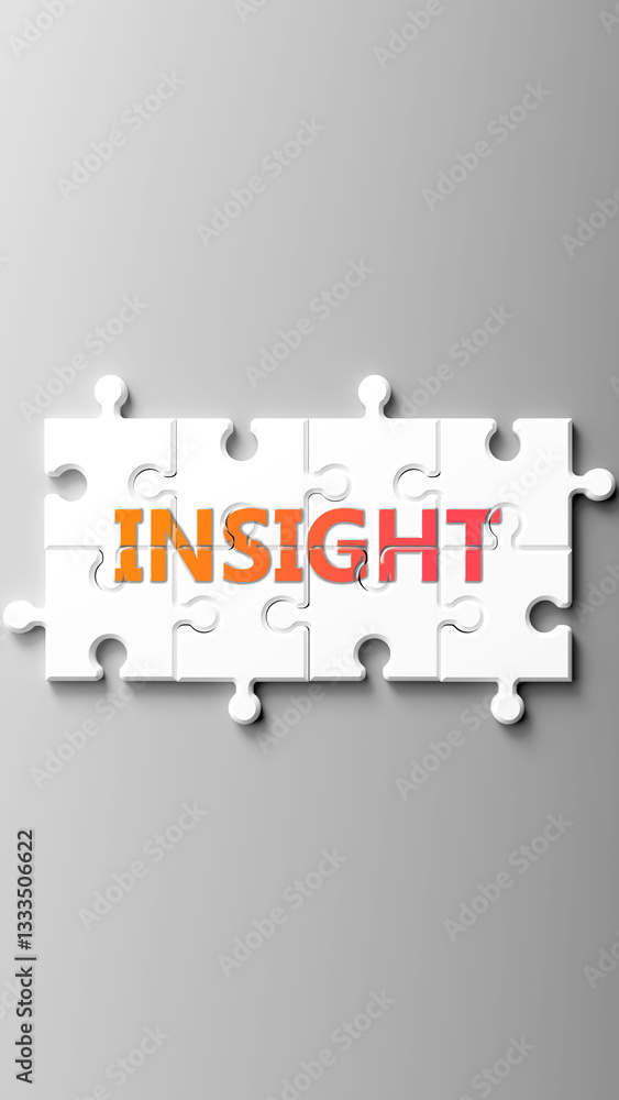 Poster Insight complex like a puzzle - pictured as word insight on a puzzle pieces to show that insight is complex and needs cooperating pieces that fit together. ,3d illustration