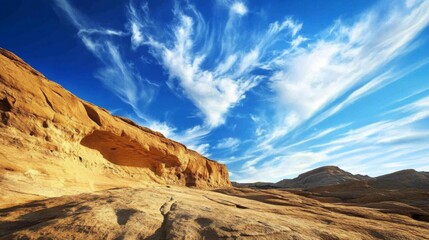 Fototapeta premium Sandstone Cave Under a Vivid Blue Sky with Wispy Clouds