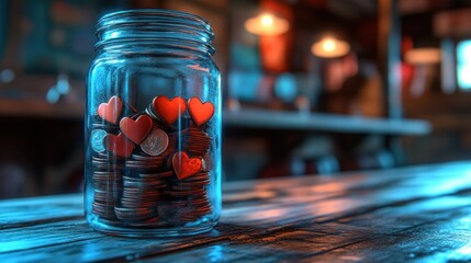 Glass jar filled with coins and hearts