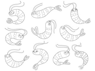 Set of cute cartoon shrimps in outline