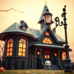 A dark, atmospheric house illuminated by vintage street lamps, creating a perfect Halloween setting.