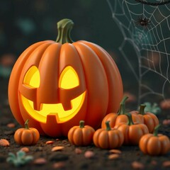 Fototapeta premium A carved pumpkin with a glowing face, surrounded by smaller pumpkins and a spider web with a spider.