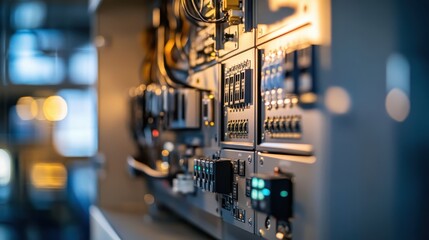 Close-up of a control cabinet interior, focusing on intricate wiring and switches with a clean, orderly layout and soft light reflections.