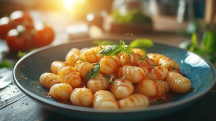 Plate of Gnocchi with Tomato Sauce and Basil Leaves