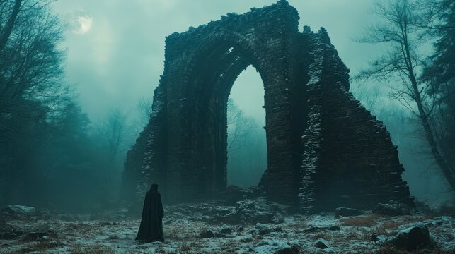 Gloomy ruin, misty figure