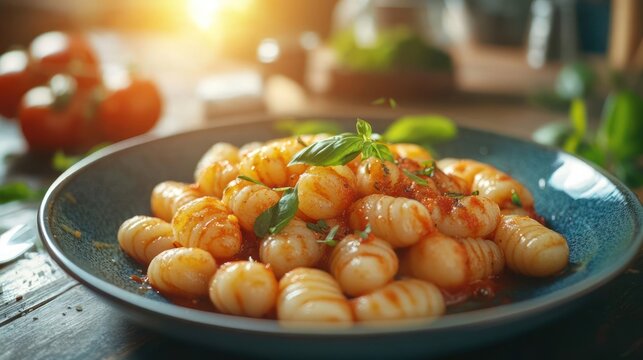 Plate of Gnocchi with Tomato Sauce and Basil Leaves