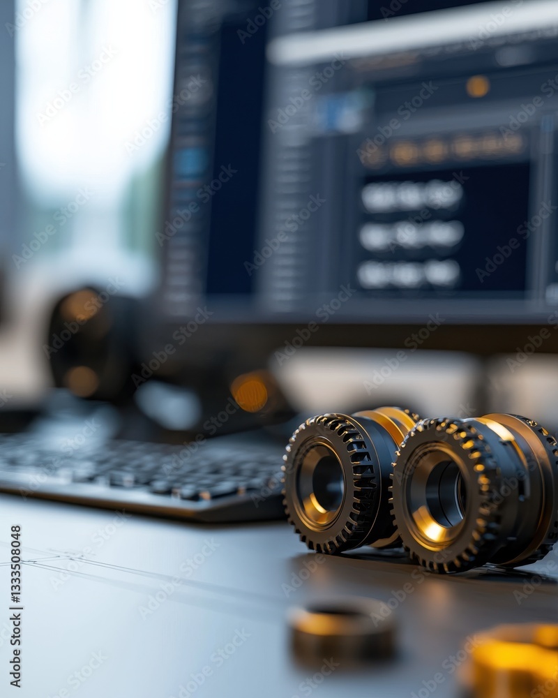 Aufkleber modern engineering workspace with precision gears and high-tech display for innovation projects