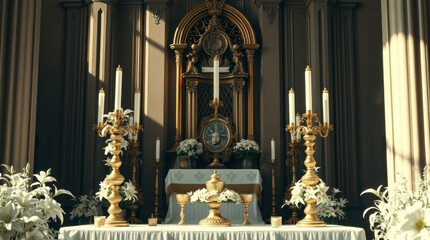 Golden Altar Candlesticks Church Interior Sunlight