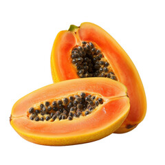 Ripe papaya sliced in half showcasing bright orange flesh and black seeds against a Transparent background, Ripe Papaya isolated PNG background Ripe Papaya macro studio photo