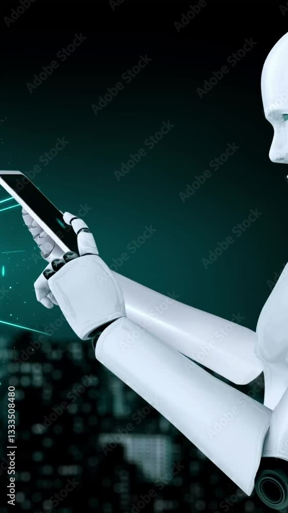 Poster robot hominoid use mobile phone or tablet for global network connection using ai thinking brain , ar