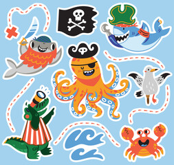 Seamless pattern with cute marine pirates isolated on blue background