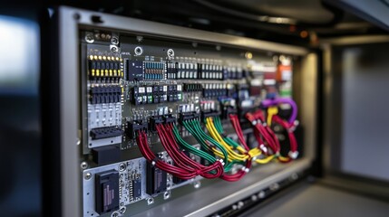Macro shot of control cabinet circuit boards and connectors, showcasing intricate wiring with color-coded cables in soft lighting.