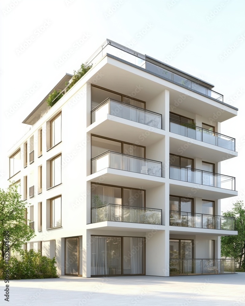 Poster modern residential building with clean lines and large windows surrounded by greenery