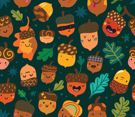 Funny acorns on dark green