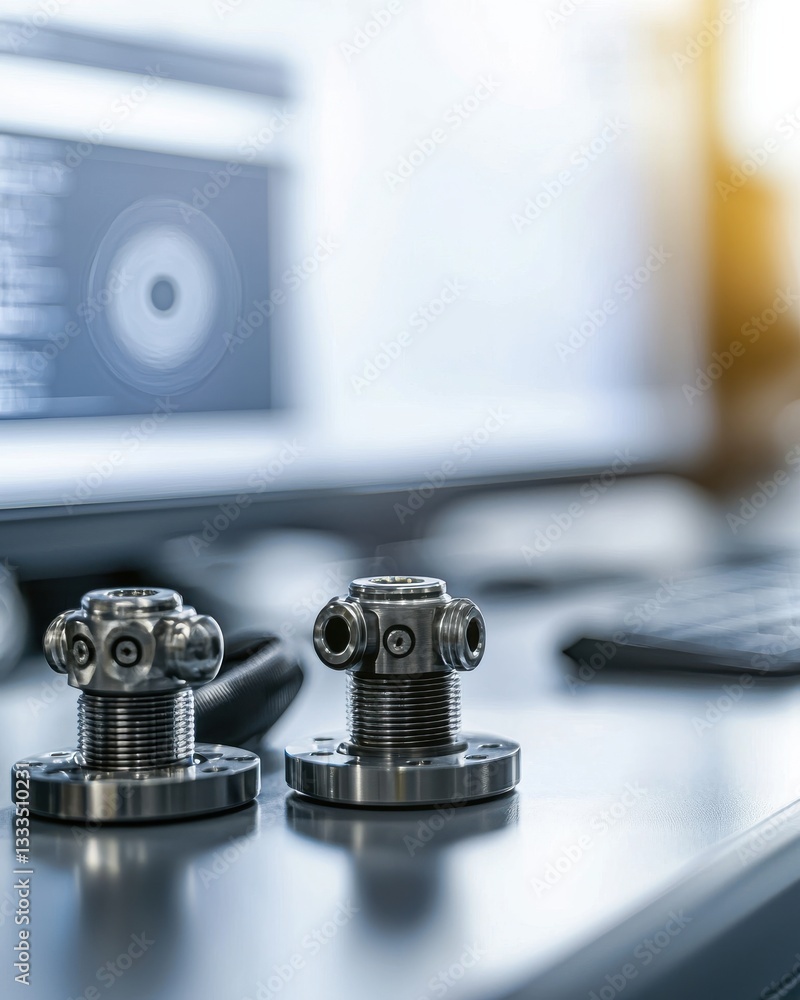Poster precision engineering components on modern workspace with computer screen and equipment