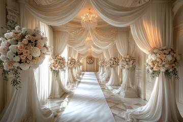 Wedding long white hall with white curtains and floral arrangements. Scene is elegant and sophisticated
