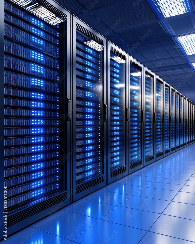 Poster modern data center with bright blue lighting and high-tech server racks in a streamlined design