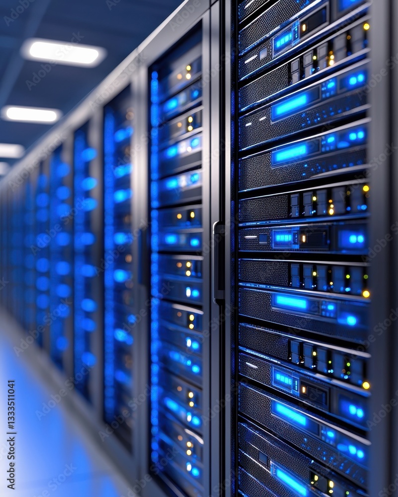 Poster blue led lights illuminate rows of servers in modern data center with networking equipment