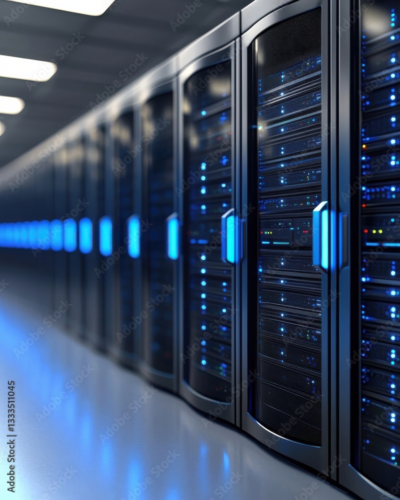 Poster high-tech data center with rows of servers and blue led lights displaying modern technology