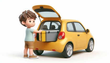 Fototapeta premium Child packing car for family trip outdoor setting 3d animation fun adventure theme