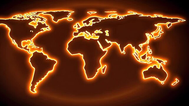 Glowing world map with illuminated continents outlining geographical features at night