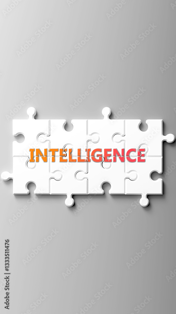 Poster Intelligence complex like a puzzle - pictured as word intelligence on a puzzle pieces to show that intelligence is complex and needs cooperating pieces that fit together. ,3d illustration