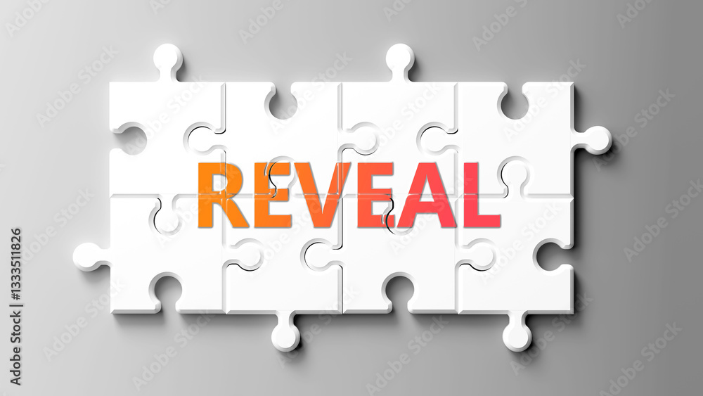 Poster reveal complex like a puzzle - pictured as word reveal on a puzzle pieces to show that reveal is com