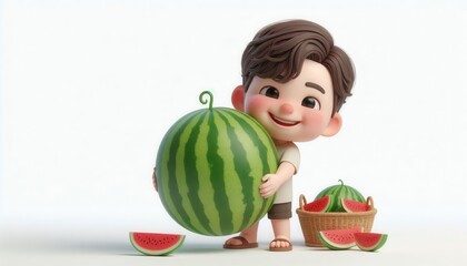 Fototapeta premium Kid holding giant watermelon fun summer harvest scene 3d animation bright studio cheerful vibe