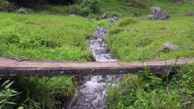 Arroyo de agua cristalina rodeado de pasto y con un puente de madera para cruzar