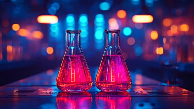 Two pink beakers on a lab table, vibrant lighting, modern laboratory. Use Science education, stock photography, article illustration, or promotional - Powered by Adobe