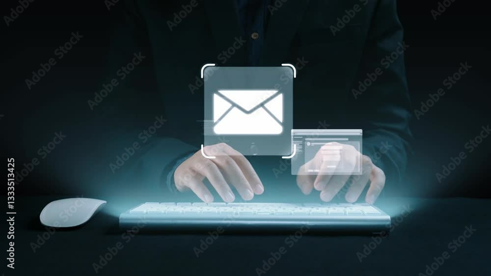 Poster business person checking email inbox, organizing and prioritizing messages for better productivity. 