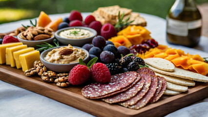 Decadent Vegan Charcuterie Board – An artfully arranged charcuterie-style vegan platter with an assortment of fresh fruits, nuts, dairy-free cheeses, hummus, and crispy seeded crackers