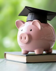 Piggy Bank with Graduation Cap on a Book, Symbolizing Financial Education and Savings Journey