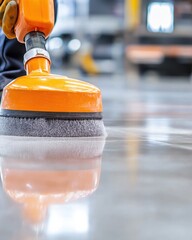 Close-Up of Person Using Orange Floor Cleaning Machine on Polished Surface in Modern Facility