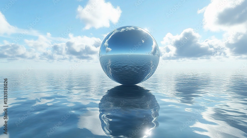 Poster large 3d rendered sphere floating above calm ocean surface