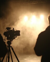 Fototapeta premium Cinematic Scene with Silhouettes and Camera Equipment in a Misty Environment