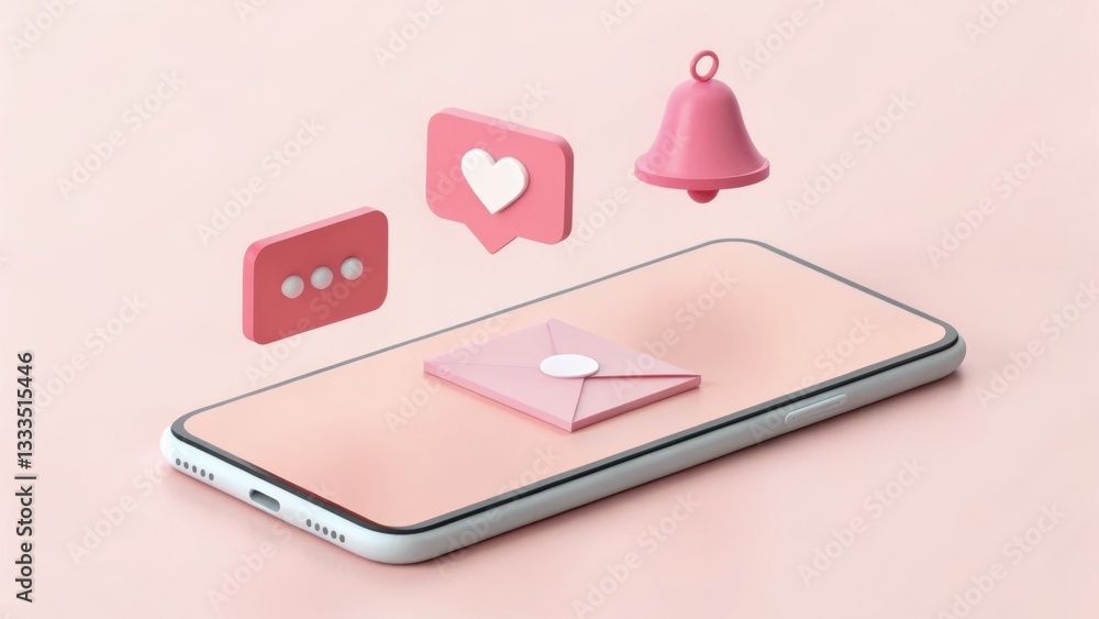 Aufkleber social media notification: 3d rendering of a smartphone with floating icons of a heart, bell, messag