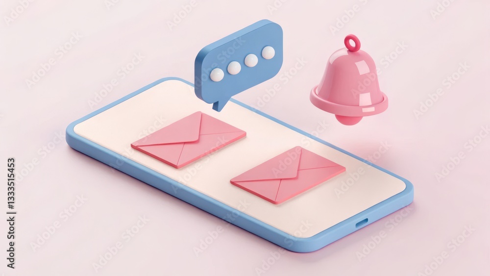 Poster digital communication: a 3d rendering shows a smartphone with email notifications, a message bubble,