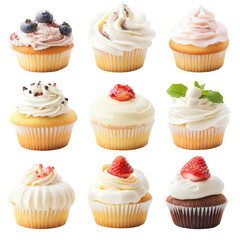 Sweet Variety: A delectable collection of exquisitely decorated cupcakes showcasing a variety of flavors, adorned with fresh berries, creamy frosting, and other tempting toppings.