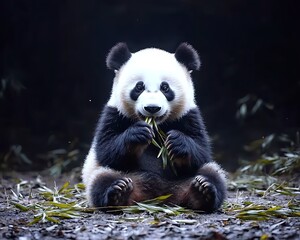 Obraz premium Panda Cub Eating Bamboo for Dark Forest.
