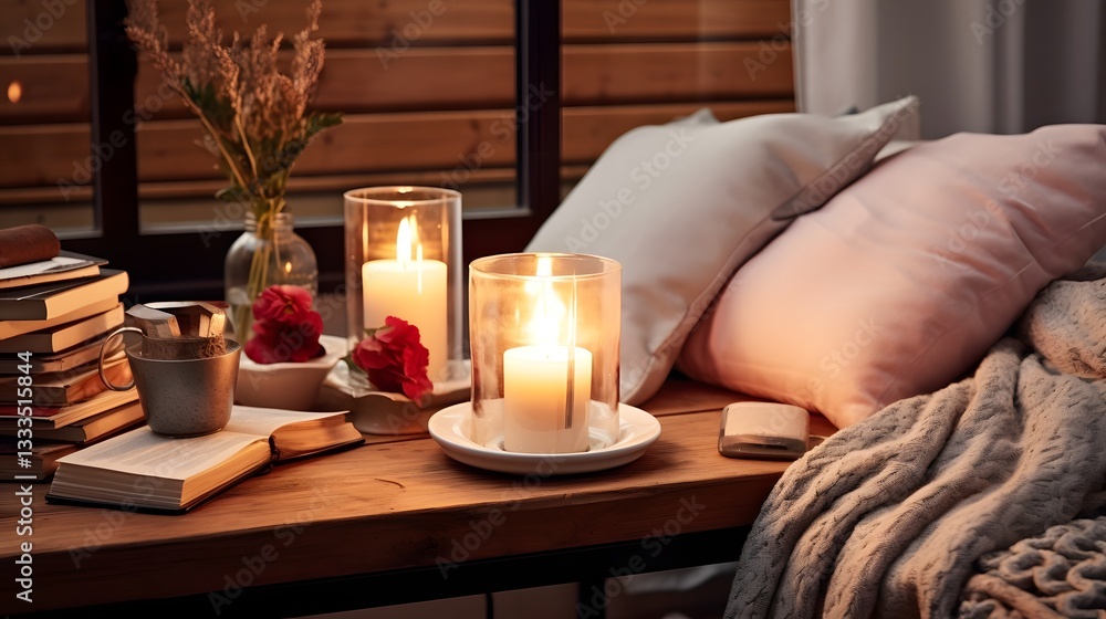 Poster cozy and inviting hygge inspired corner with soft blanket flickering candles and stacks of books for