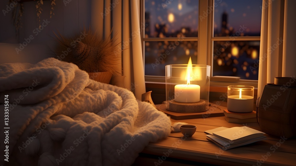 Poster cozy and inviting hygge inspired home corner featuring a soft blanket candles and books creating a p