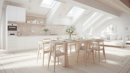 Fototapeta premium Minimalist Scandinavian inspired home interior showcasing an all white color scheme with warm wooden highlights creating a clean bright and cozy living space