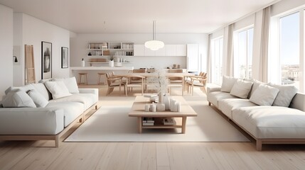 Fototapeta premium Cozy and Peaceful Minimalist Scandinavian Style Living Room with an All White Color Scheme and Wooden Highlights Showcasing a Serene and Elegant Home Interior Design